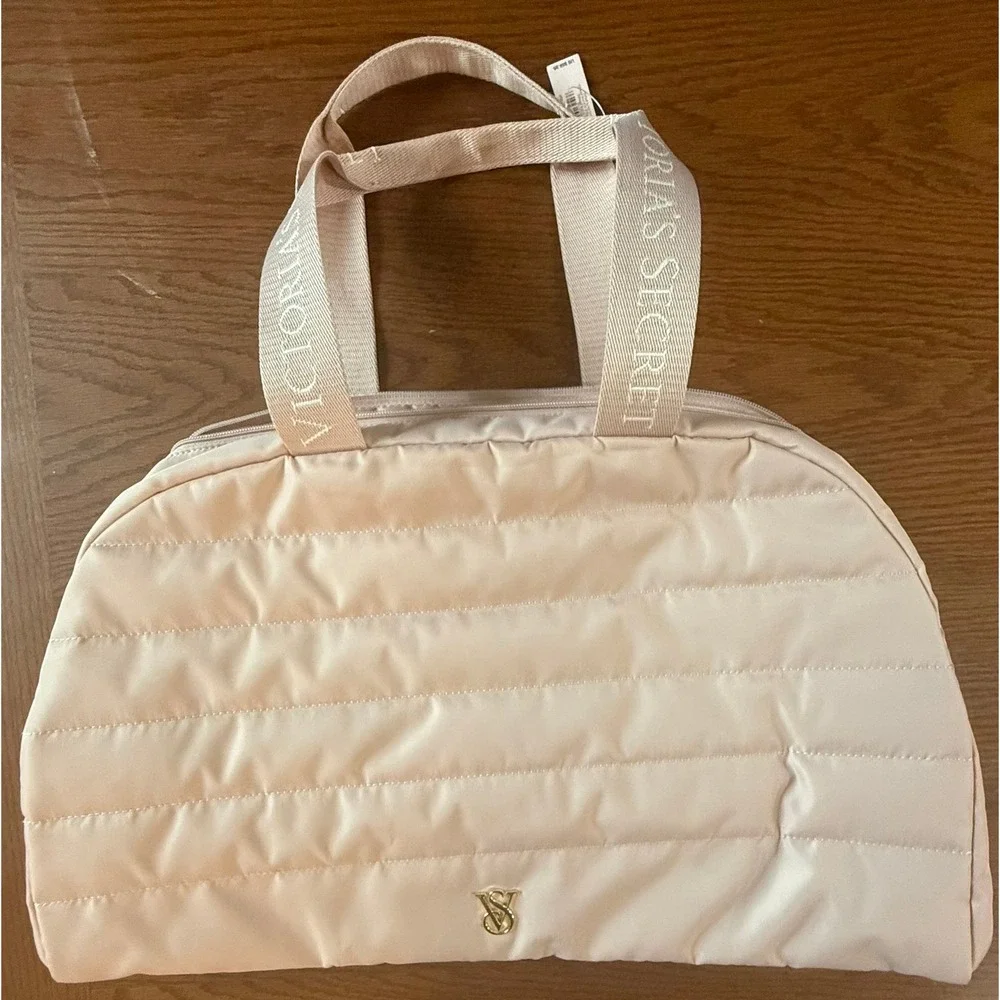 Victoria's Secret Quilted Travel Tote Bag Pink Logo Strap Weekend Duffel NWT